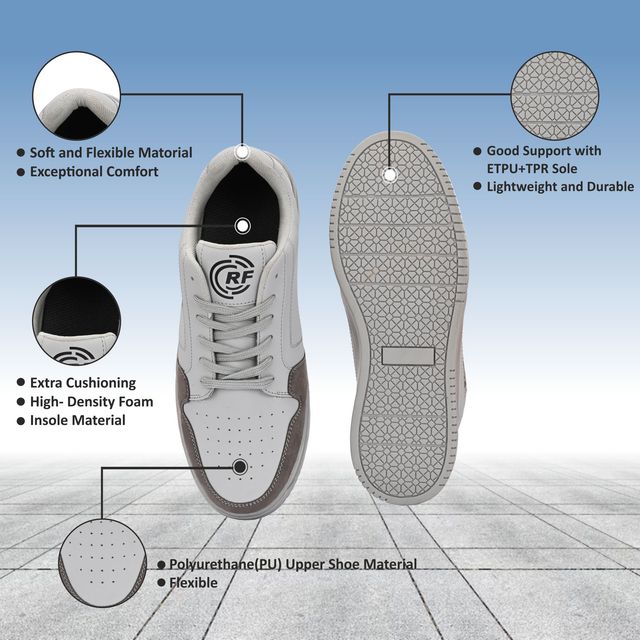 Gray athletic shoe with features highlighted on a blue and gray gradient background