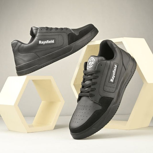 Black and gray sneakers with 'Raysfield' branding on a light background
