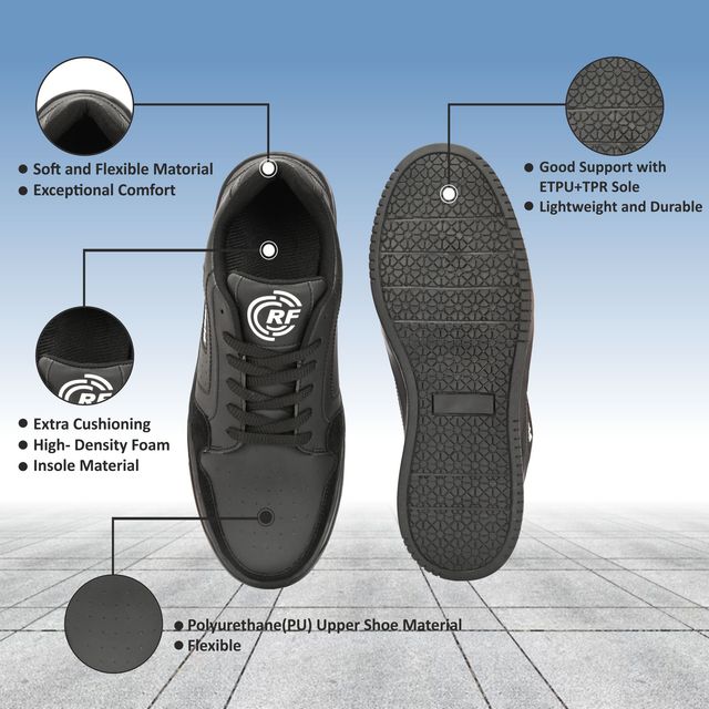 Black sneaker with features highlighted on a blue and gray gradient background