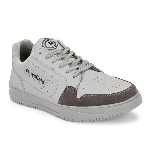Gray and brown sneaker with 'Raysfield' branding on a white background