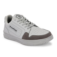 Gray and brown sneaker with 'Raysfield' branding on a white background