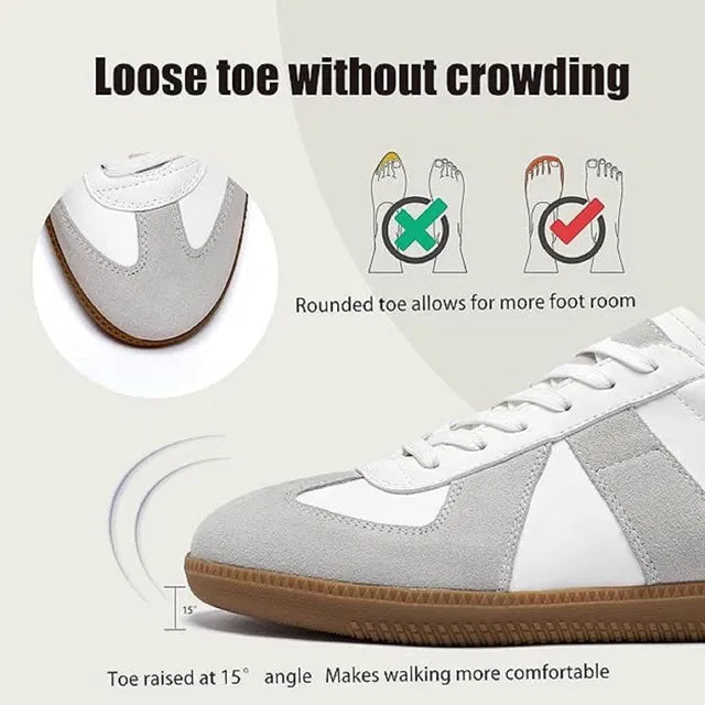 Gray sneaker with a rounded toe design on a beige background, featuring text about loose toes and comfort.