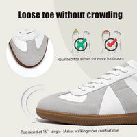 Gray sneaker with a rounded toe design on a beige background, featuring text about loose toes and comfort.