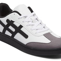 White and black sneaker with gray sole on a white background