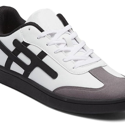 White and black sneaker with gray sole on a white background