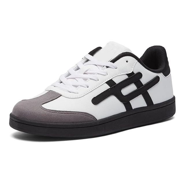 White and gray sneaker with black accents on a white background