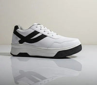White sneaker with black stripes on a reflective surface