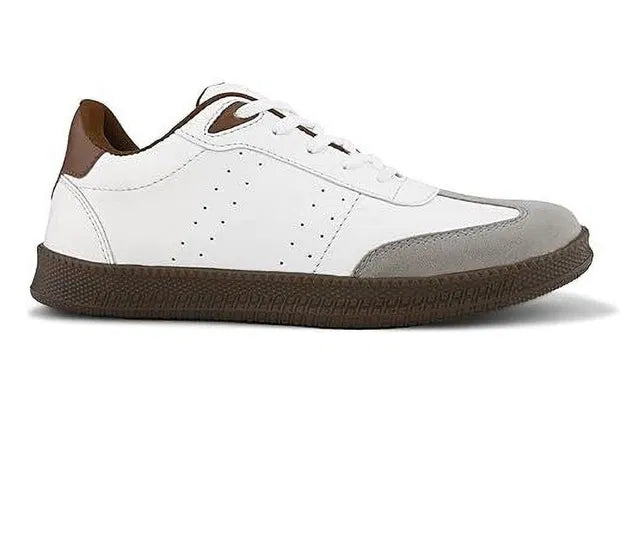 White sneaker with brown and gray accents on a white background