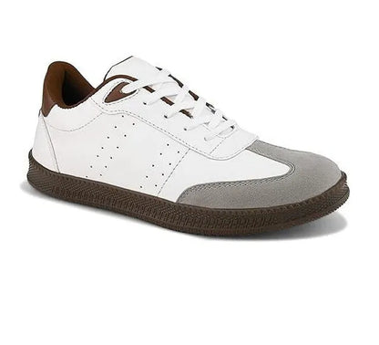 White sneaker with brown and gray accents on a white background