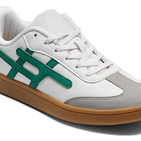 White and gray sneaker with green accents on a white background