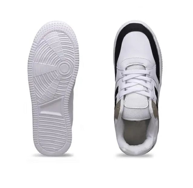 White sneakers with black accents on a white background