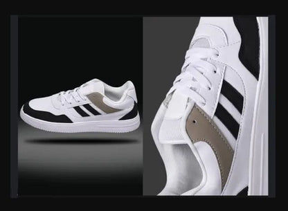 White sneakers with black stripes on a dark background