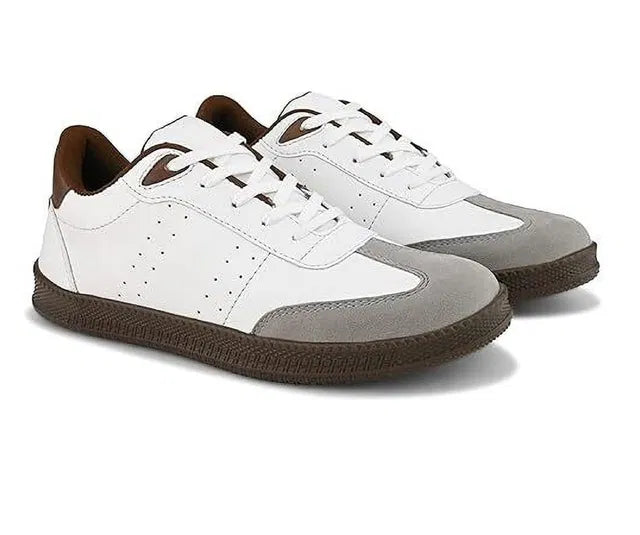 White sneakers with brown and gray accents on a white background