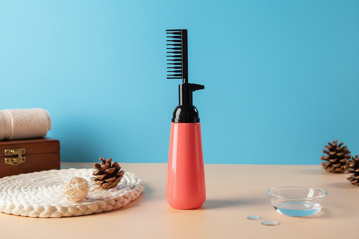 Pink bottle with black comb on a blue background
