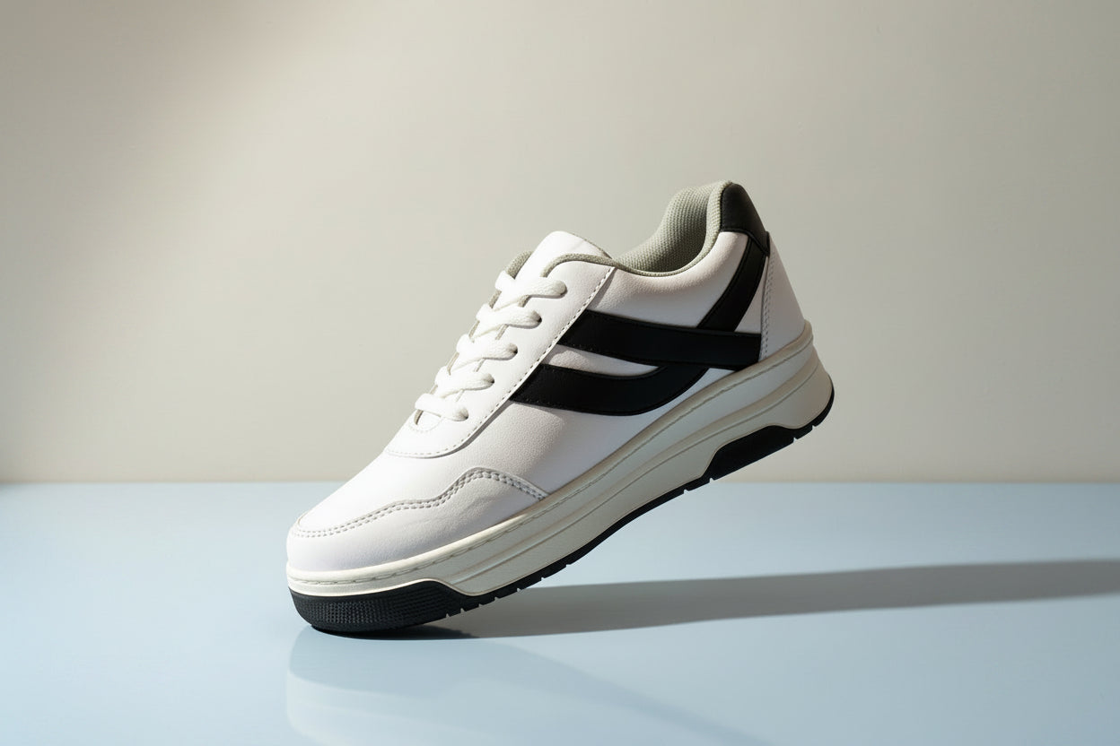 White sneaker with black stripes on a reflective surface